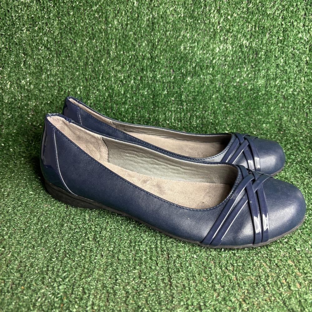 Lifestride Simply Comfort Strappy Round Toe Ballet Flats Navy Womens Sz 10 Wide
